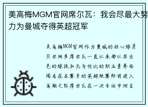 美高梅MGM官网席尔瓦：我会尽最大努力为曼城夺得英超冠军
