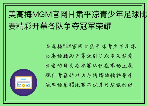 美高梅MGM官网甘肃平凉青少年足球比赛精彩开幕各队争夺冠军荣耀