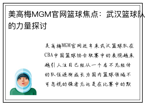 美高梅MGM官网篮球焦点：武汉篮球队的力量探讨