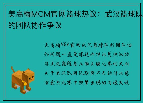 美高梅MGM官网篮球热议：武汉篮球队的团队协作争议