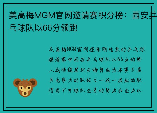 美高梅MGM官网邀请赛积分榜：西安乒乓球队以66分领跑